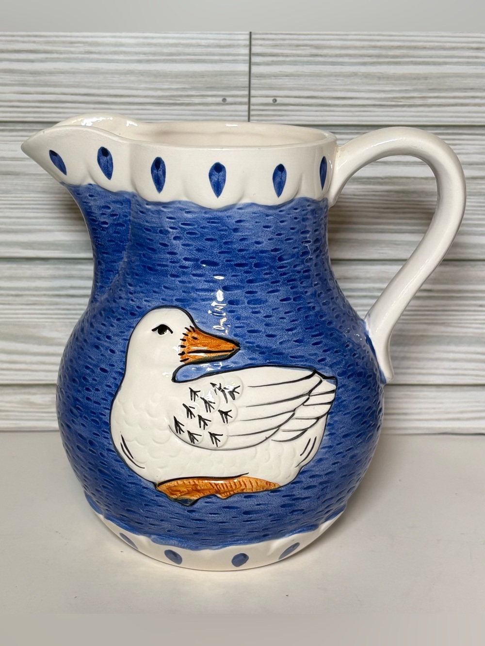 Vintage 80s Sigma The Tastesetter Ceramic Duck Pitcher Blue White Cottagecore